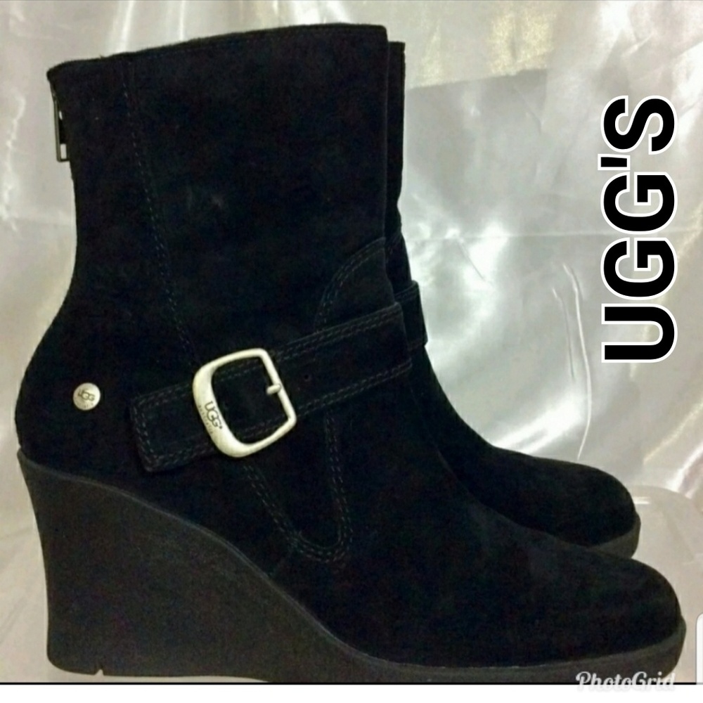 Uggs Black Suede Wedge Sheep Skin Winter Boots-9